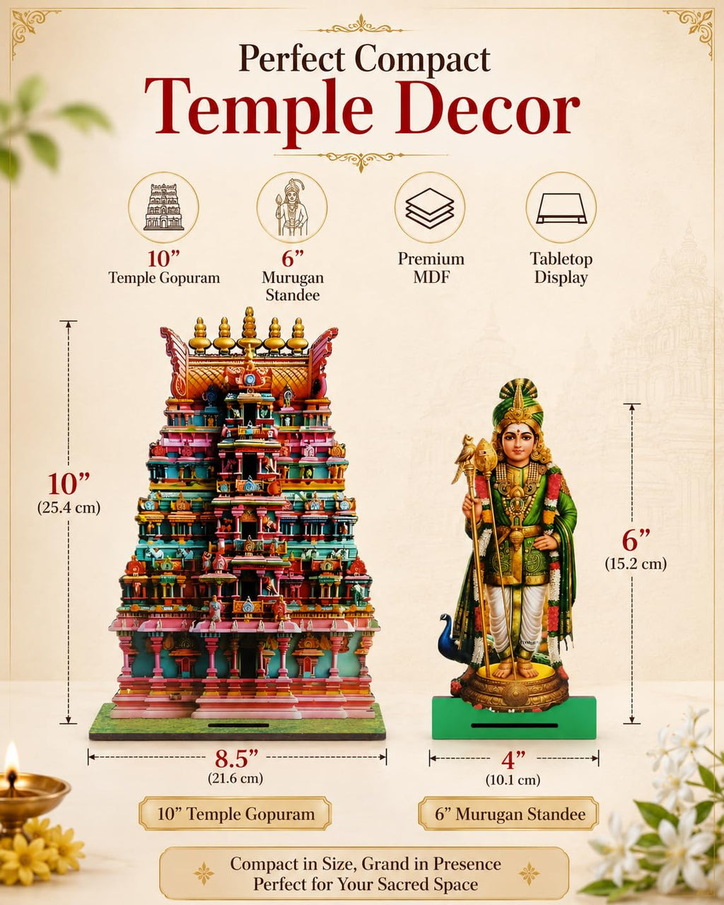 VENSUR Murugan MDF Standee with Temple Gopuram Combo | Pooja Decor