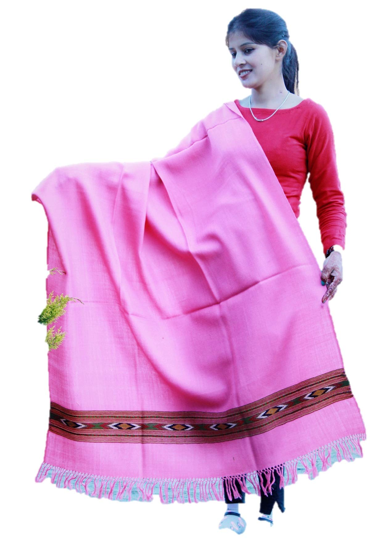 HImalayanKraft Hand Woven Kullu Handloom Pure Woolen Shawl Pink Colored with Beautiful Kullu Weaving Designed for Women and Girls.