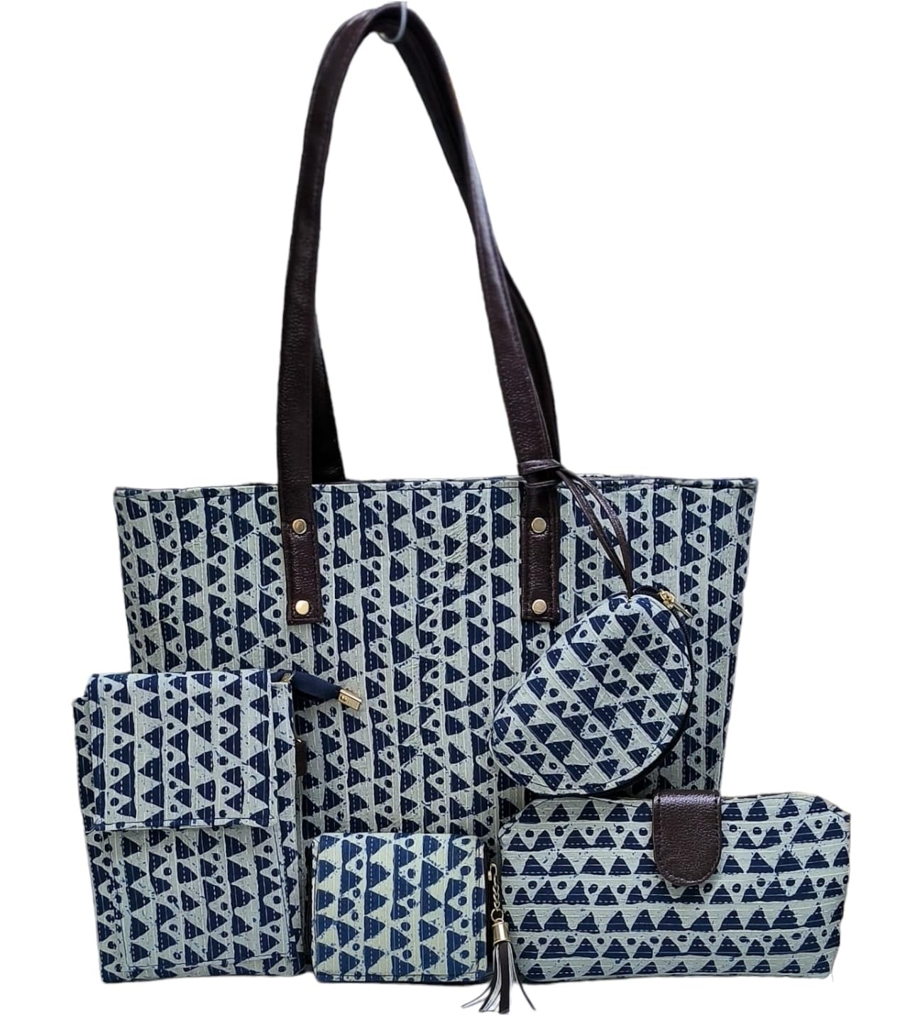SHIVKARI Women's Classic Tote Ladies Traditional Ikkat Cotton 5 Pieces Combo Bag - Light Blue