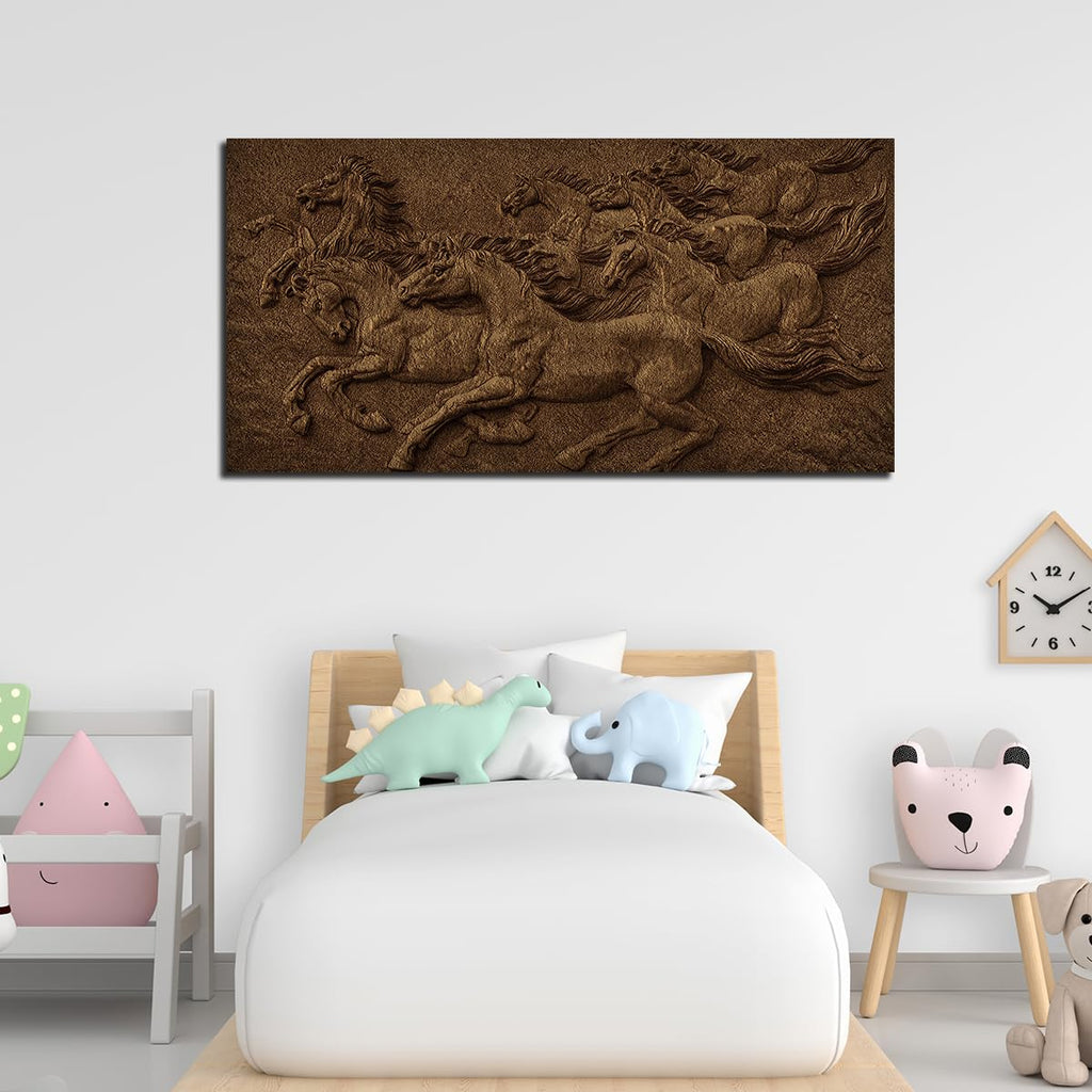 VIBECRAFTS Canvas Paintings for Living Room Drawing Room 3D Seven Horses Running Premium Wall Painting Fitted with Wooden Frame for Home|Office|Gift(PTVCH_2296NV)