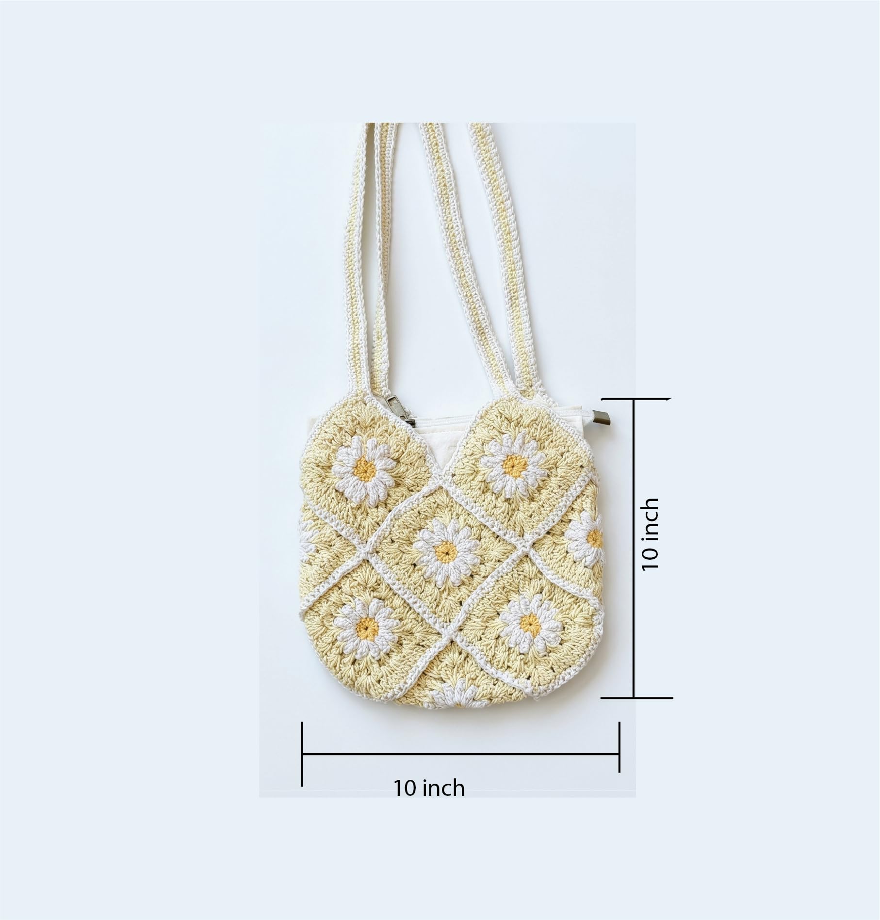 ATICUE Handcrafted Stylish Cotton Yarn Handknitted Crochet Bag with with Lining and Zipper Closure for Women (9x10 Inch) (Beige)