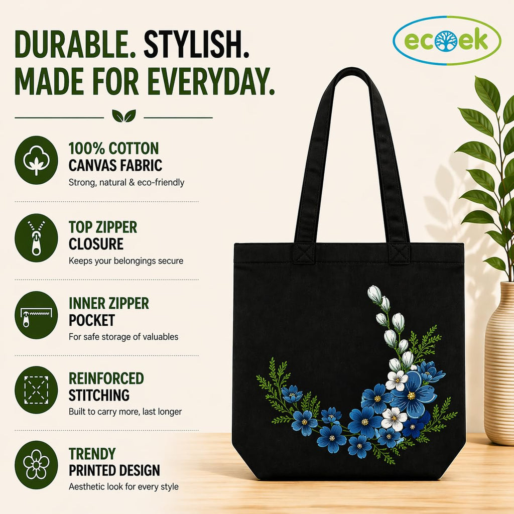 ECOEK Stylish Canvas Tote Bag for Women, Reusable Trendy Zipper Handbag with Pocket, Lightweight Aesthetic Cotton Tote for College, Office, Travel & Daily Use-Flower Black