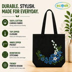 ECOEK Stylish Canvas Tote Bag for Women, Reusable Trendy Zipper Handbag with Pocket, Lightweight Aesthetic Cotton Tote for College, Office, Travel & Daily Use-Flower Black