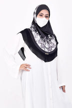 Markaz Hijab Printed Malaysian Instant Hijab for Women | Floral Border Design | Ready to Wear Modest Fashion Headscarf | Elegant Muslimah Style (BLACK, XXL (36))