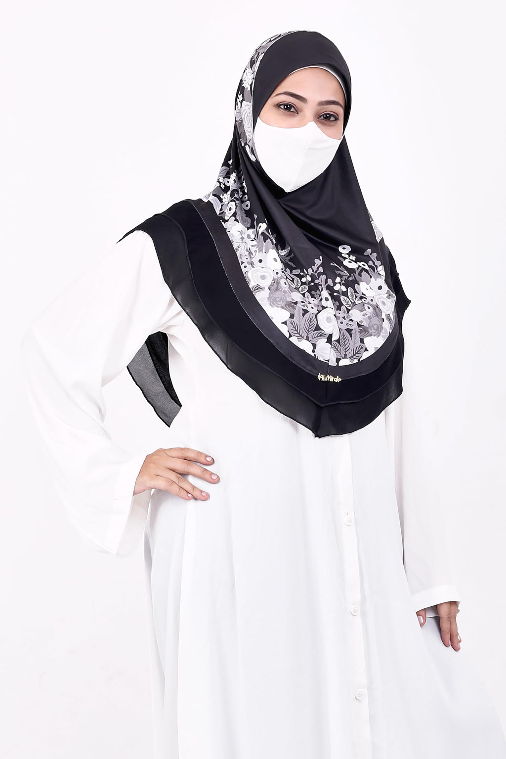 Markaz Hijab Printed Malaysian Instant Hijab for Women | Floral Border Design | Ready to Wear Modest Fashion Headscarf | Elegant Muslimah Style (BLACK, L (30))