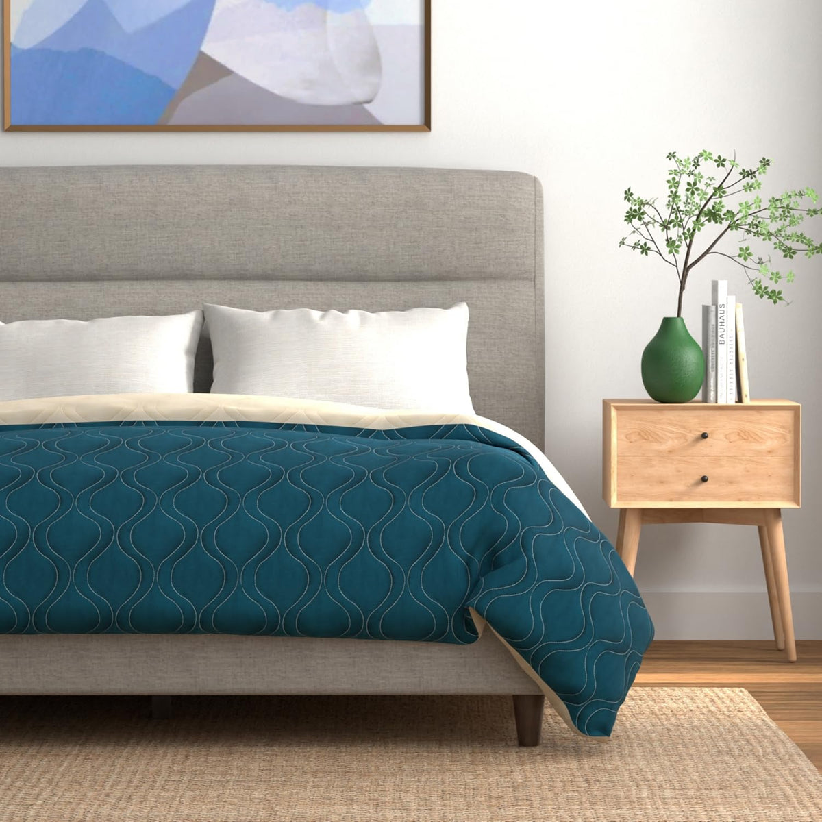 Urban Space Microfibre Reversible All Season Single Bed Blanket for Summer, 3 Layer Solid Quilted Dohar, Reversible Single Bed Dohar/Blanket/Quilt (Teal & Beige, 225 x 145 CM) Kafalo