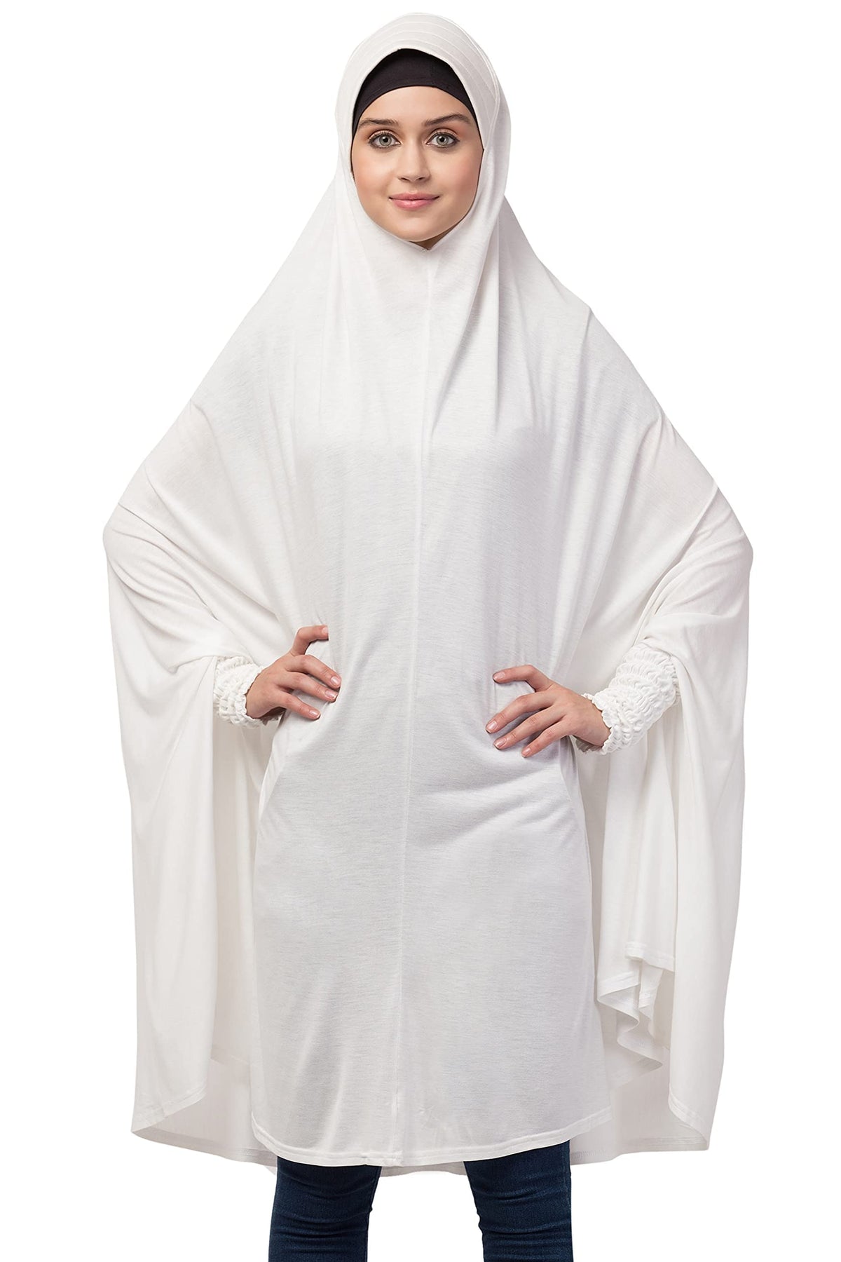 NAZNEEN Women's Full Coverage Khimar Hijab with Sleeves and Under Cap |Solid Pattern Cotton Set for Hajj, Umrah, and Prayer| Comfortable One-Size Head Cover (WHITE KHIMAR & complimentary HEAD BAND