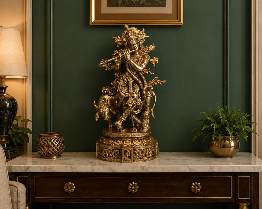 ARTVARKO Brass Krishna with Cow Standing Playing Flute Idol Statue for Home Mandir Pooja Krishan Ji Murti Temple Puja Office Home Décor Showpiece (12 inches)