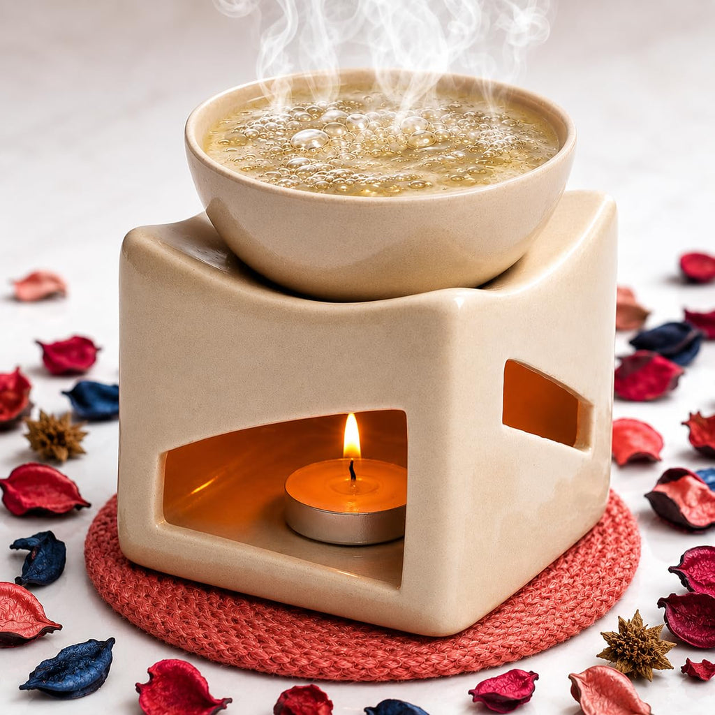 Pure Source India Ceramic Clay Candle Operated Aroma Burner Oil Diffuser, Extra Large Bowl, with 1 Tealight, 4.25 Inch, (Ivory White)