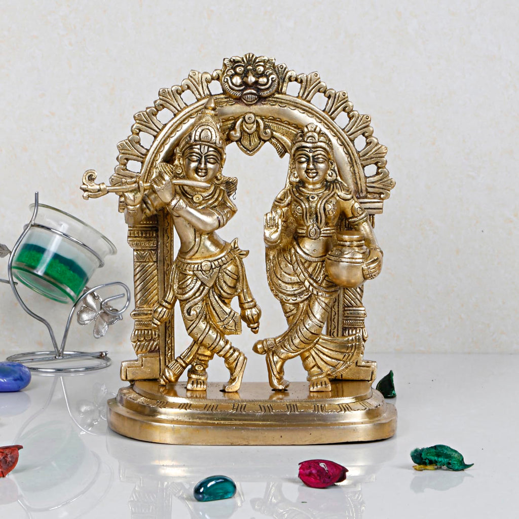 ARTVARKO Radha Krishna Brass Murti Murli Kishan Playing Flute Radha Standing with Pitcher on Kirtimukha Singhasana Height 21.5 cm