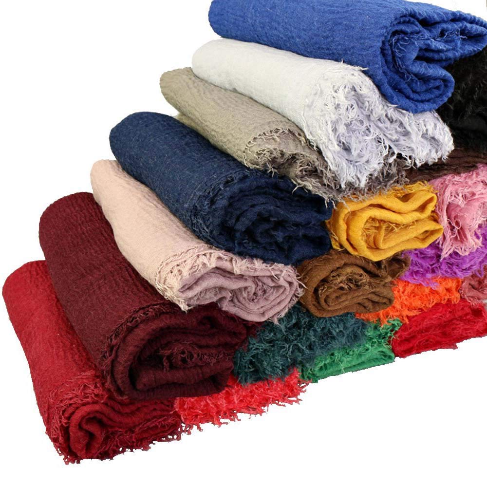 XRDSS Summer Cotton Blend Crinkle Vintage Soft Scarf with Fringed Edges 35 × 70, Black, One Size