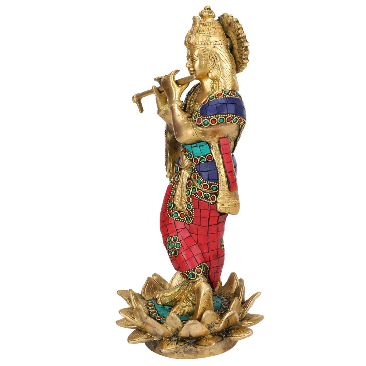 ARTVARKO Brass Murti Lord Krishna Bhagwan Statue Playing Flute on Lotus Home Decor Pooja Mandir Temple Gift Height 11 Inch