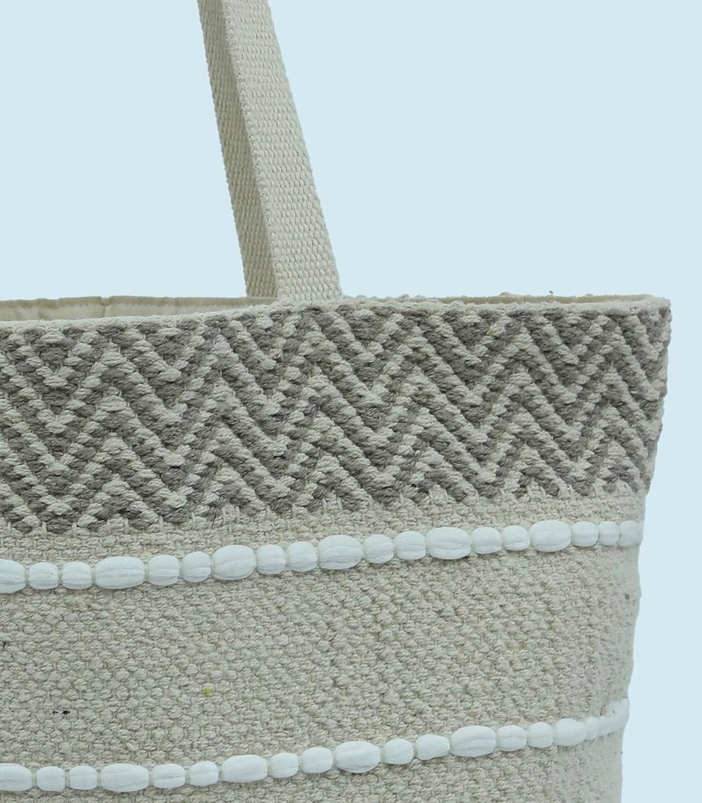 DOLCE CASA Large Eco-Friendly Handmade Boho Cotton Handbag For Cloth Shopping Bags For Market Carry Milk, Fruits, And Vegetables jhola bag, 20×5×15 Inches (1, White/Beige, 20 X 5 X 15)