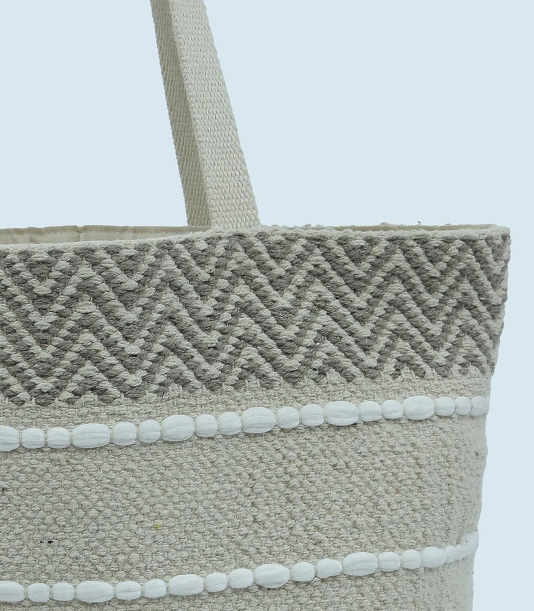 DOLCE CASA Large Eco-Friendly Handmade Boho Cotton Handbag For Cloth Shopping Bags For Market Carry Milk, Fruits, And Vegetables jhola bag, 20×5×15 Inches (1, White/Beige, 20 X 5 X 15)