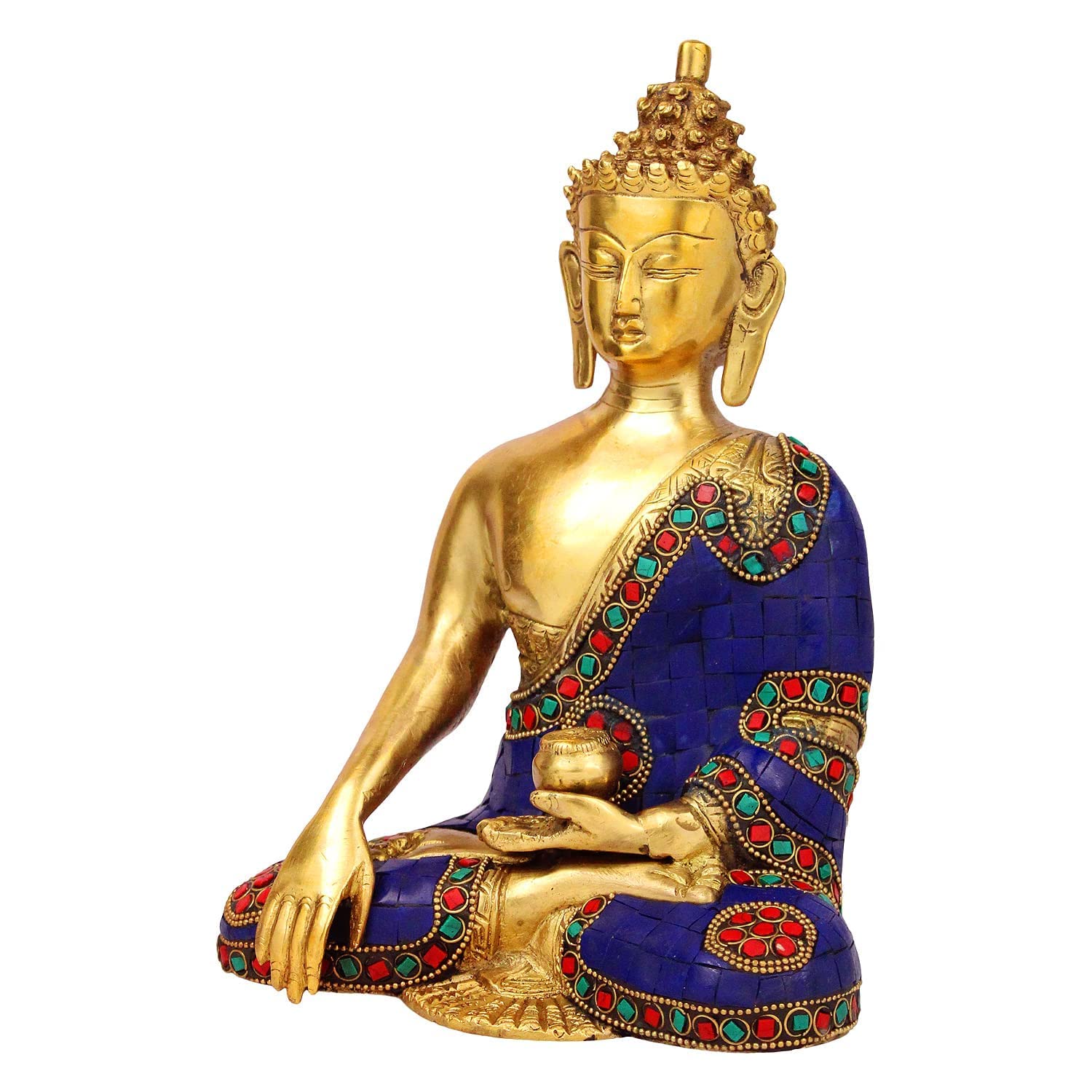 SVARUP Brass Buddha Idol in Bhumisparsha Mudra Statue Tibetan Buddhist Decor Height 9 Inch Weight 2.7 Kg Mult-Color