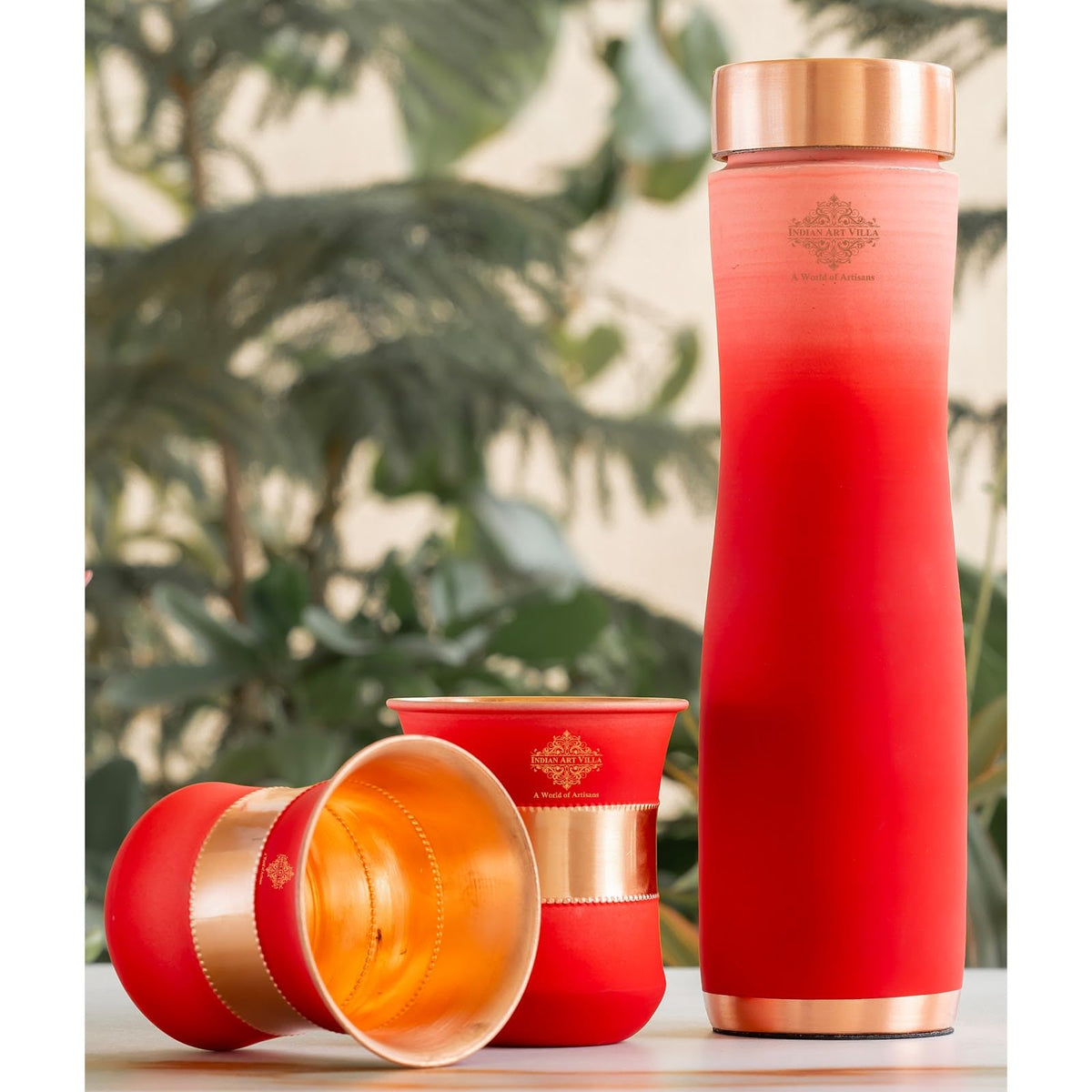INDIAN ART VILLA Copper Bottle & Glass Gift Set - 950 ml Water Bottle & 2 Glasses (300 ml Each) - Pure Copper with Pink Ombre Silk Finish, Perfect for Gifting & Everyday Use
