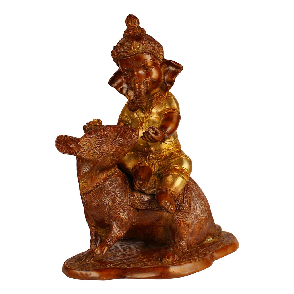 ARTVARKO Big Brass Ganesha Bhagwan Seated on Rat Idol Ganesha Mooshak Statue Ganpati Murti for Home Entrance Decor Luck Gift (Brown & Gold Finish14 Inches)