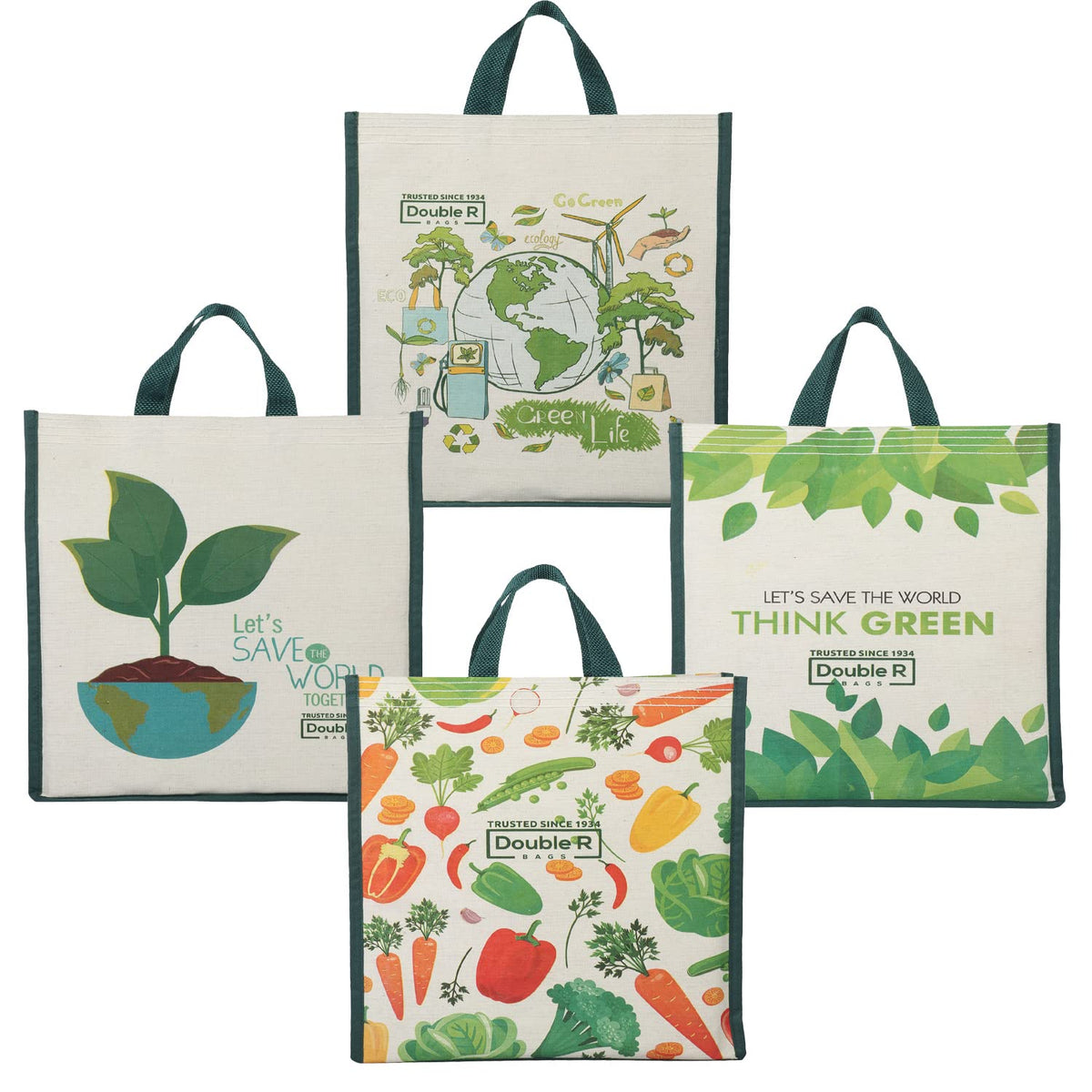 DOUBLE R BAGS Eco-Friendly, Reusable & Multi-Purpose Cotton Canvas Bag With Reinforced Handles For Kitchen Essentials Grocery, Fruits And Vegetables (Pack of 4, All Mix)