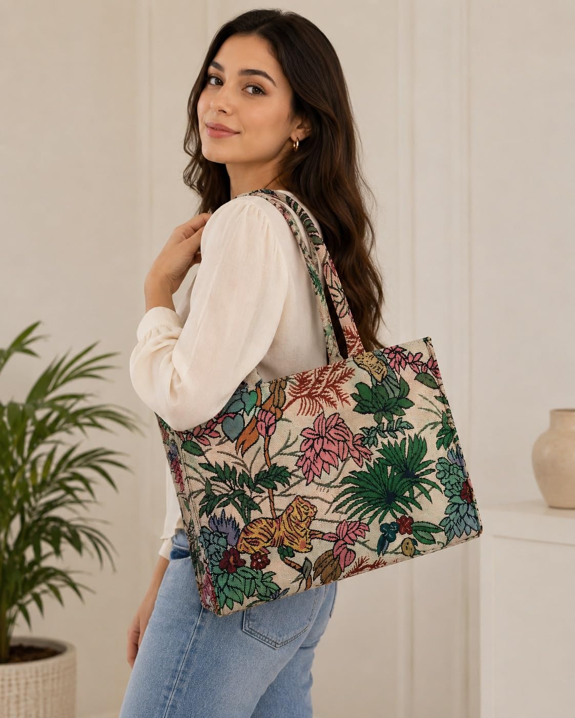 Women's Floral Canvas Tote Bag with Jungle Tiger Print for Everyday Use