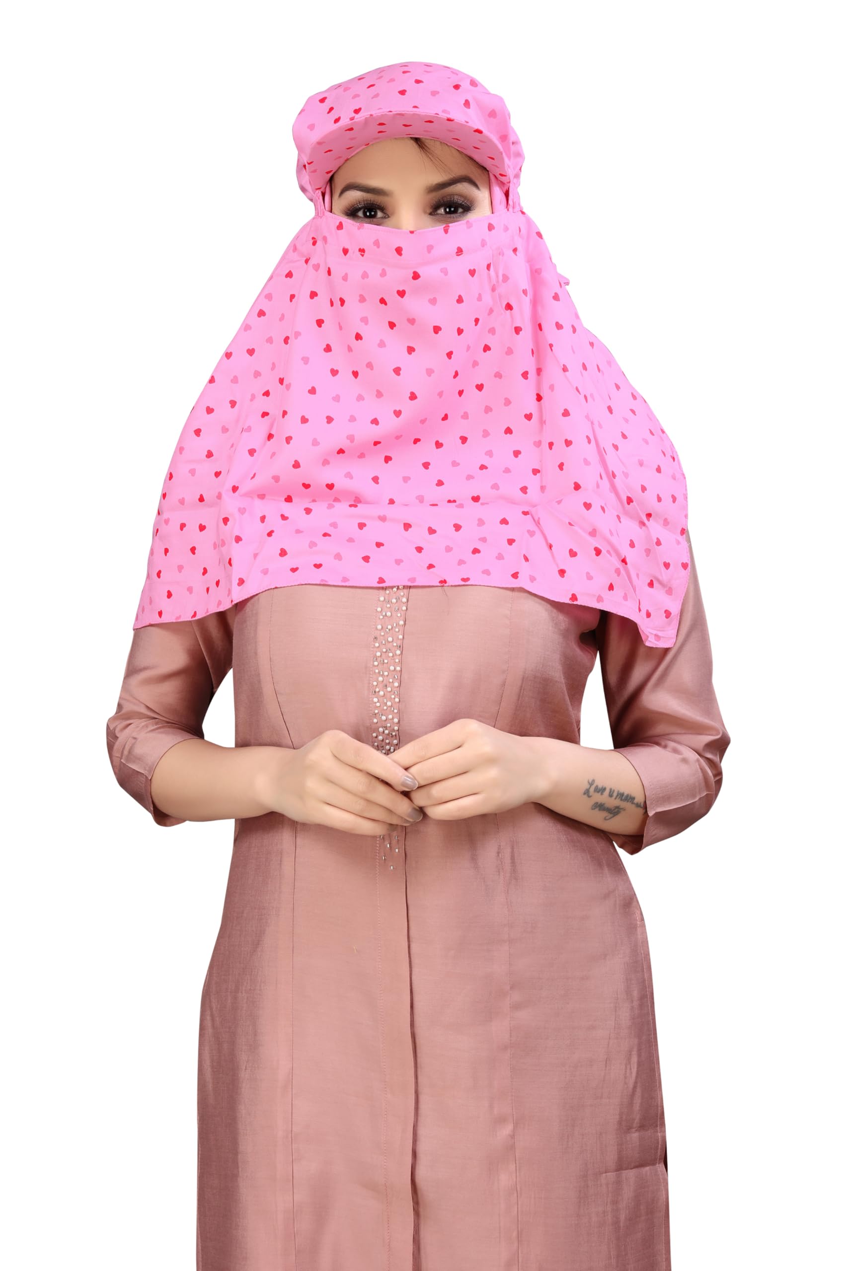TESY QWEN Women's Scarf Cum Mask with Cap, Rayon Multi-Functional Neck Gaiter with UV Protection for Biking, Hiking and Travel (Pink_Heart)