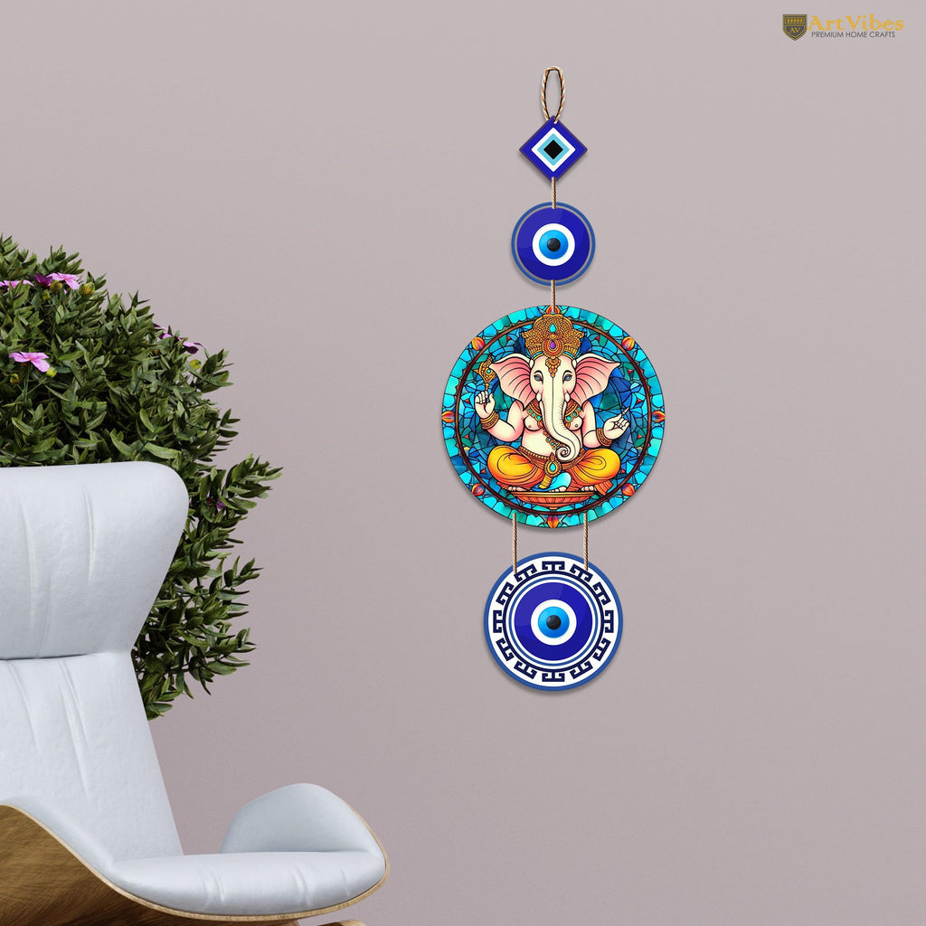 Artvibes Shri Ganesha with Evil Eye Wooden Wall Hanging For Luck Properity For Home Decoration | Livingroom | Spiritual Decor Items | Wall Illustrations | Ethnic Wall Decor | Wall Art Print (WH_8510N)
