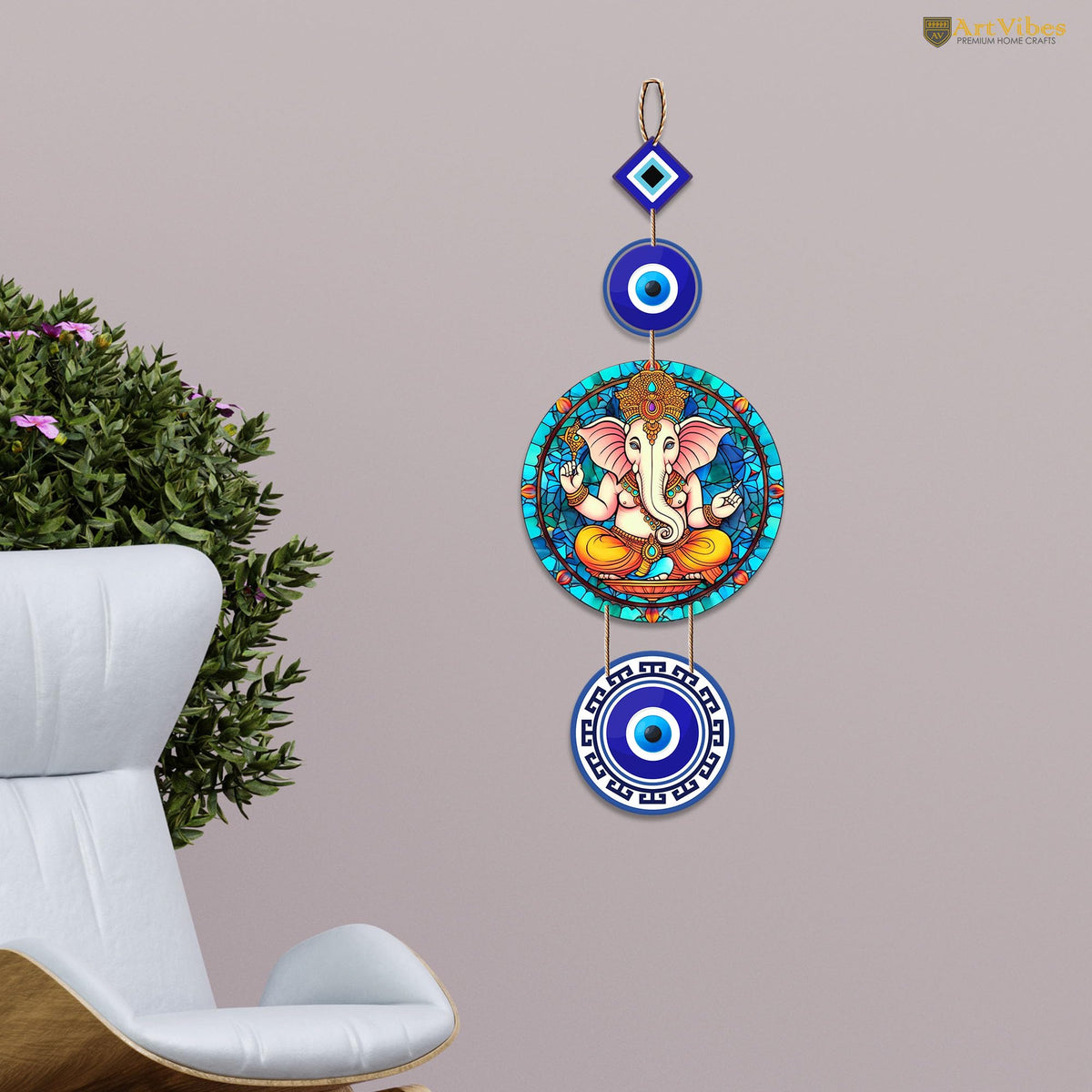 Artvibes Shri Ganesha with Evil Eye Wooden Wall Hanging For Luck Properity For Home Decoration | Livingroom | Spiritual Decor Items | Wall Illustrations | Ethnic Wall Decor | Wall Art Print (WH_8510N)