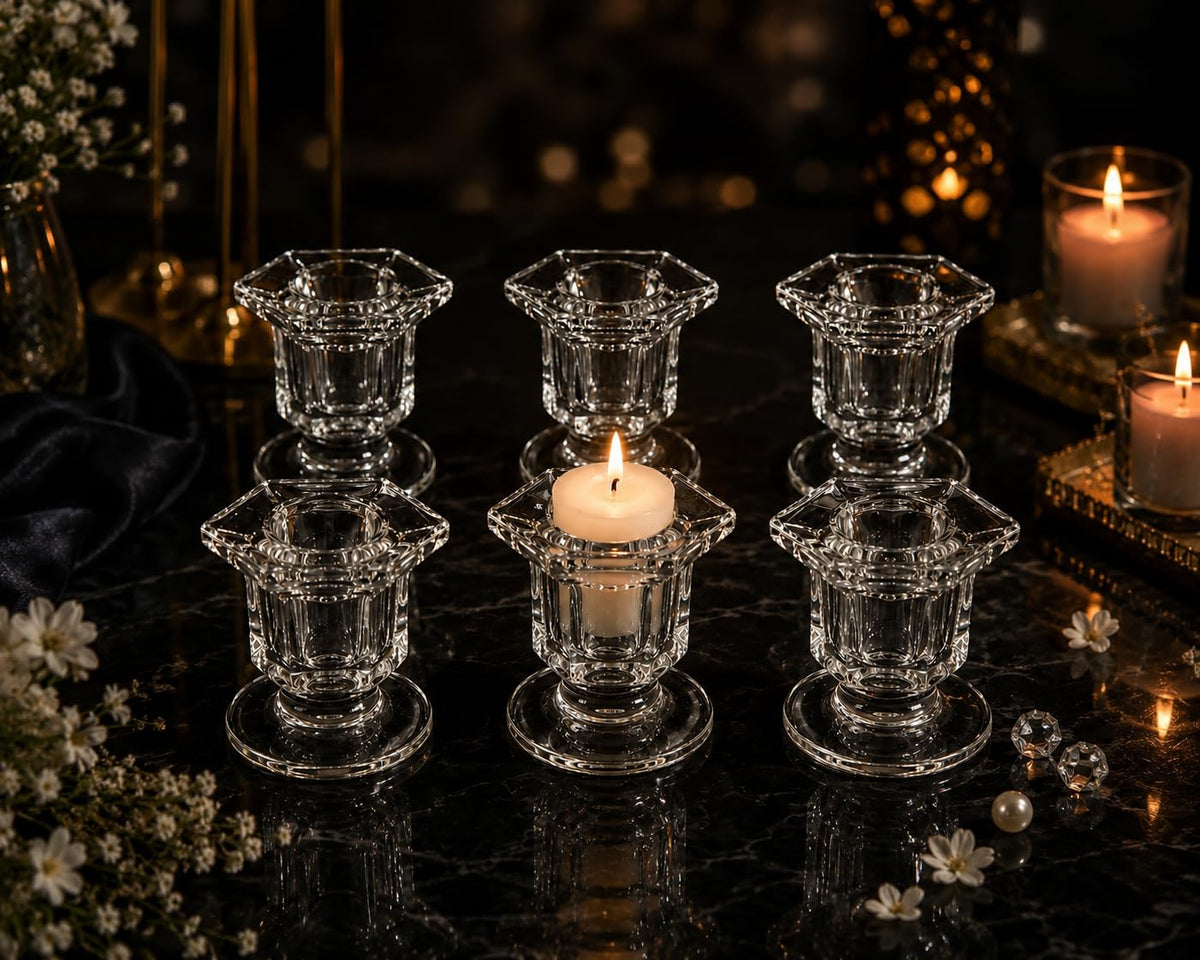 TIVONA ENTERPRISE Crystal Clear Glass Candle Holder Set of 6, Decorative Tealight & Taper Candle Stand, Elegant Candlestick Holders for Wedding, Table,Home Décor, Dining & Party Decoration