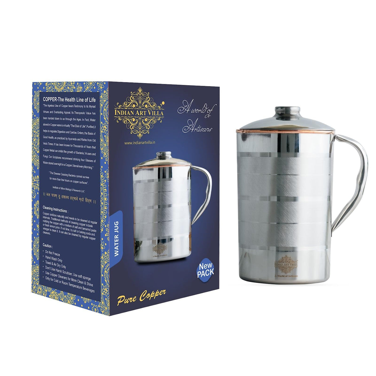 Indian Art Villa Steel Copper Jug with Lid, Luxury Design – 1600 ML, Water Jug for Home, Office, Dining Table, Tableware & Drinkware, Perfect for Gifting