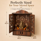 The Castle Decor Wooden Mandir for Home, Wall Hanging & Tabletop Pooja Temple with Double Doors, Om & Lotus Cutwork, Storage Cabinet, Dark Walnut MDF for Pooja Room, 10.6 x 20 x 16.7 Inch (Design-2)