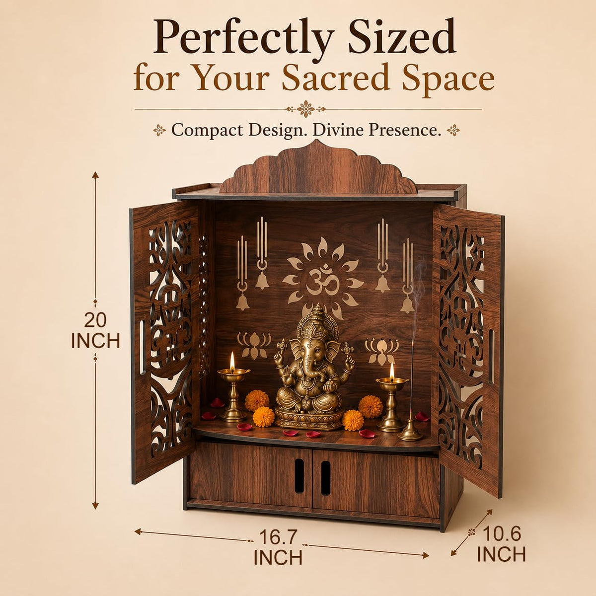 The Castle Decor Wooden Mandir for Home, Wall Hanging & Tabletop Pooja Temple with Double Doors, Om & Lotus Cutwork, Storage Cabinet, Dark Walnut MDF for Pooja Room, 10.6 x 20 x 16.7 Inch (Design-2)