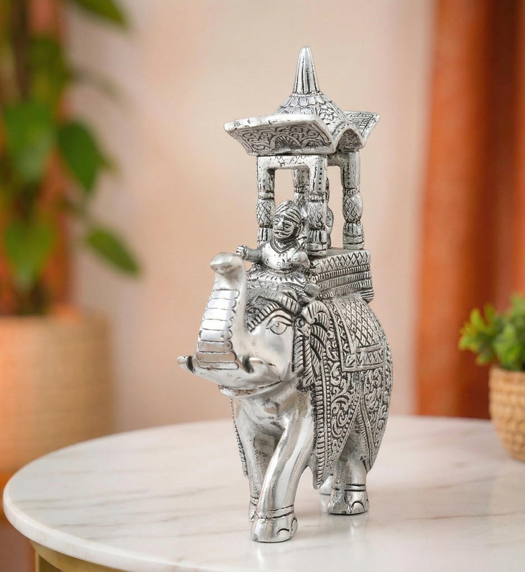 KridayKraft Handcrafted Metal Elepant Kondapalli Maharaj Ambari Rajasthani Rajwadi Elephant Showpiece Statue, 24 Cm Height, 900 Gm Weight, Intricate Carvings, Silver