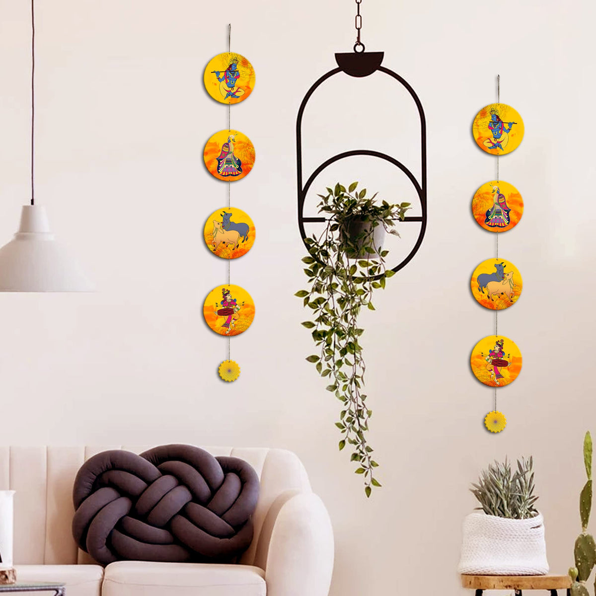 Artvibes Cows & Lord Shri Krishna Playing Flute Indian Art Wall And Door Hanging for Home | Spiritual Decor Items | Wall Poster | Artwork| Stylish Modern Decor Item | Gift Items (WH_5215N), Set of 2