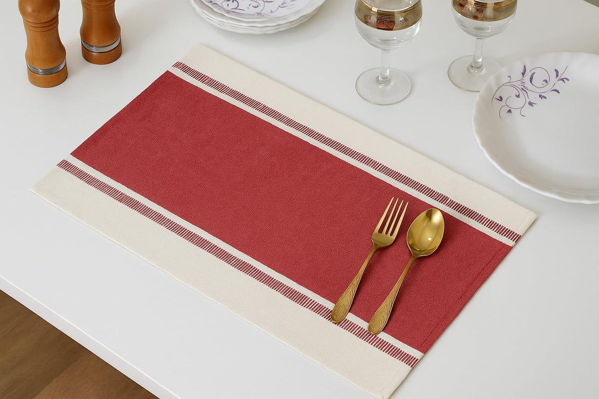 Crazyweaves Dining Table Mat Set of 4 | Fine Ribbed Cotton Placemat | Size 48x33 cm | Machine Washable (Red Mat -4) Kafalo