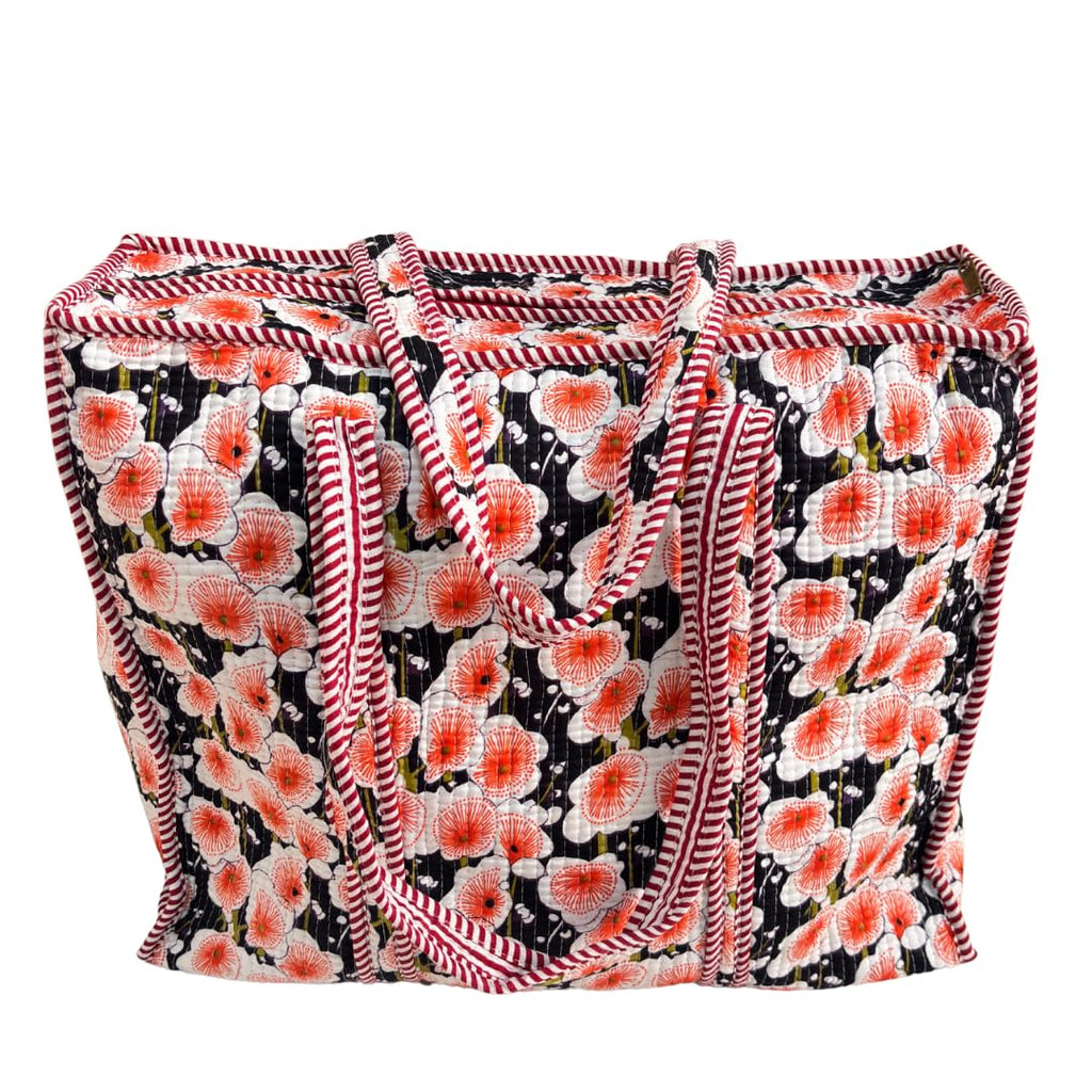 Bazaar Bhoot Edition Premium Cotton Quilted Shopping Tote Bag - Multipurpose Long Lasting Foldable Reusable Bag with zipper for Shopping, Travel & Daily Use - Made in India (Foral Black)