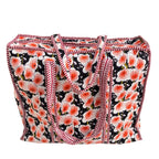 Bazaar Bhoot Edition Premium Cotton Quilted Shopping Tote Bag - Multipurpose Long Lasting Foldable Reusable Bag with zipper for Shopping, Travel & Daily Use - Made in India (Foral Black)