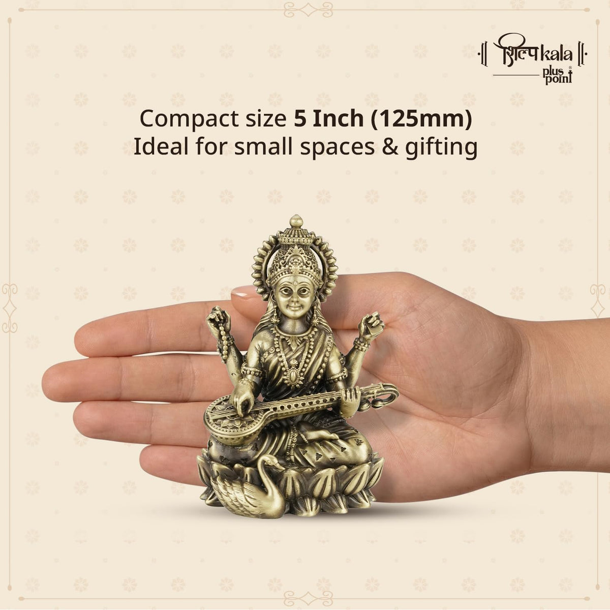 Shilpkala 5 Inch Kamal Saraswati Brass Idol with Veena for Study Table, Learning & Gift