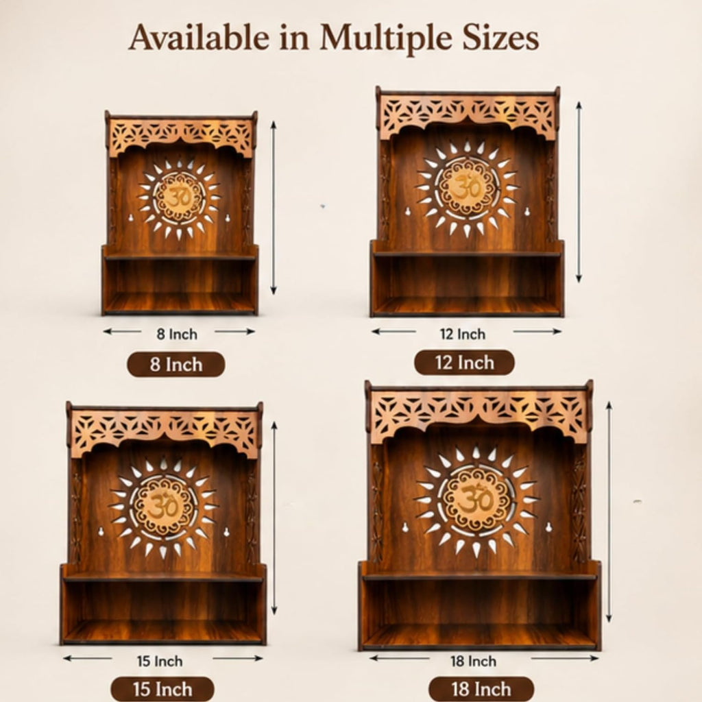 Shubharambh Wooden Temple for Home Pooja | Premium Engineered Wood Mandir with Om Laser Cut Design | Wall Mounted & Tabletop Puja Mandir | Decorative Wooden Temple for Home, Office (12 Inch)