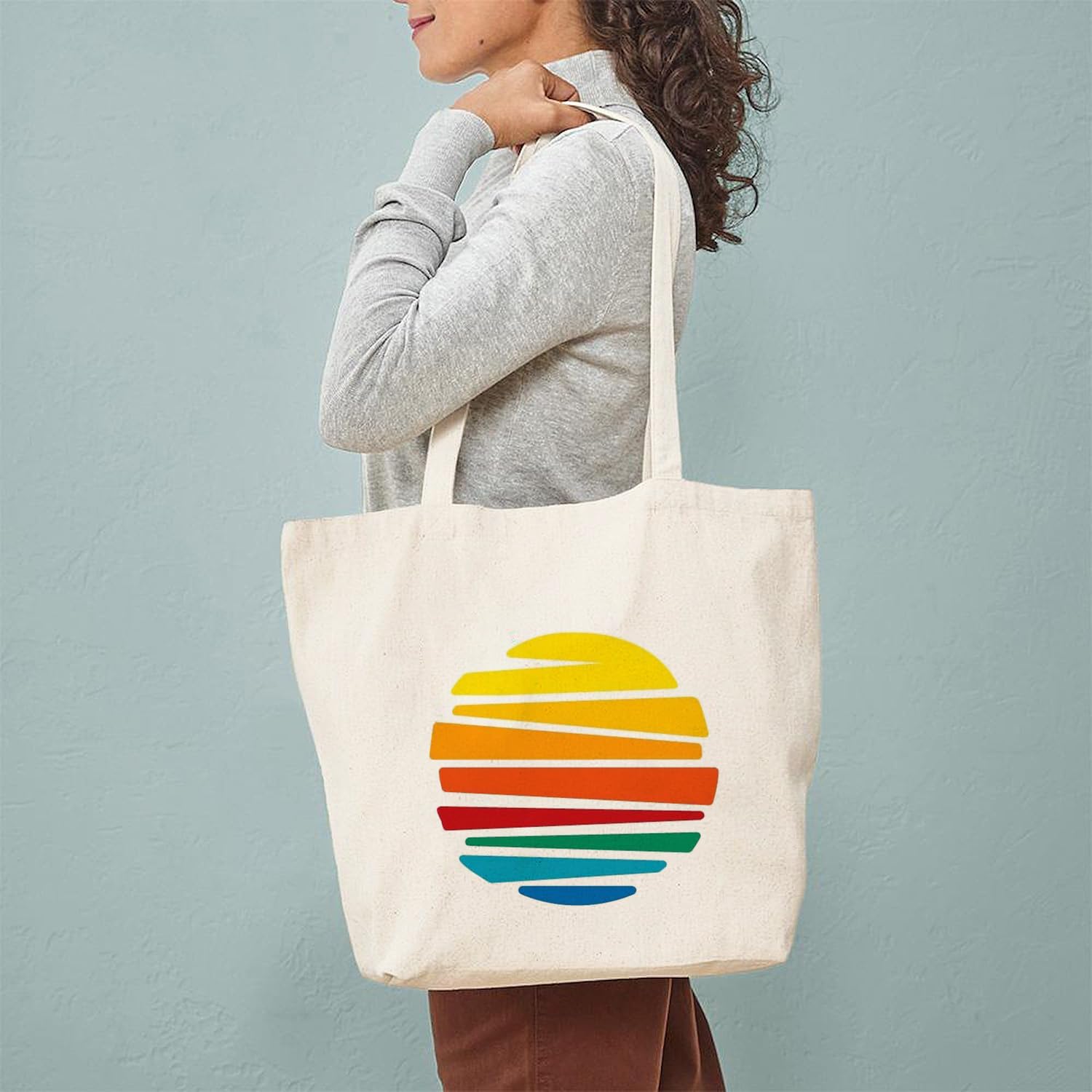 Heu Abstract Sunset Printed Canvas Tote Bag | Eco-Friendly Reusable Cotton Shoulder Bag | Colorful Minimal Design Shopping Tote for Women & Men