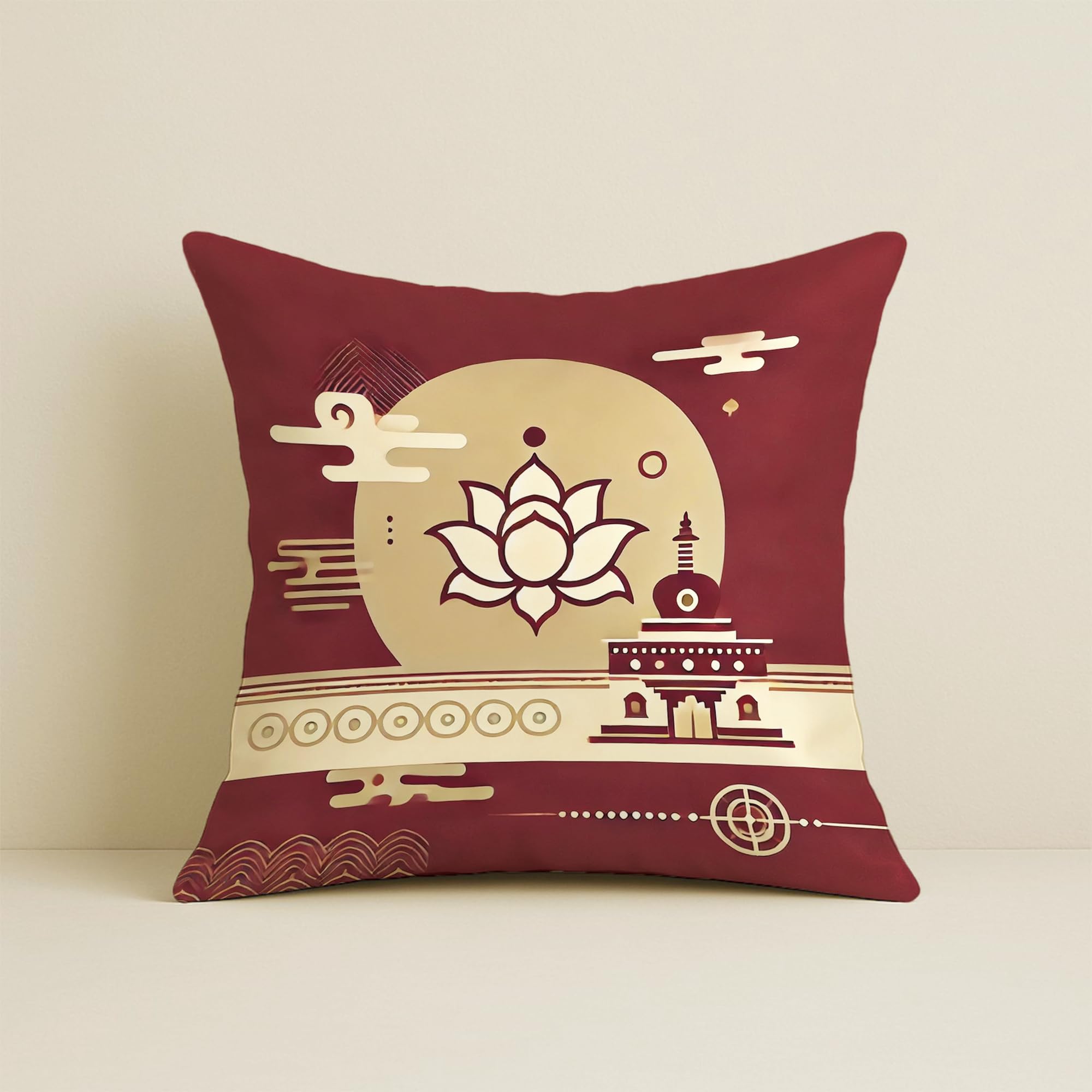 STITCHNEST Satin Cushion Covers Pack of 5 Oriental Flamingo & Lotus Print in Maroon and Gold, 16x16 Inch Decorative Cushion Set for Spiritual and Artistic Living Room Decor
