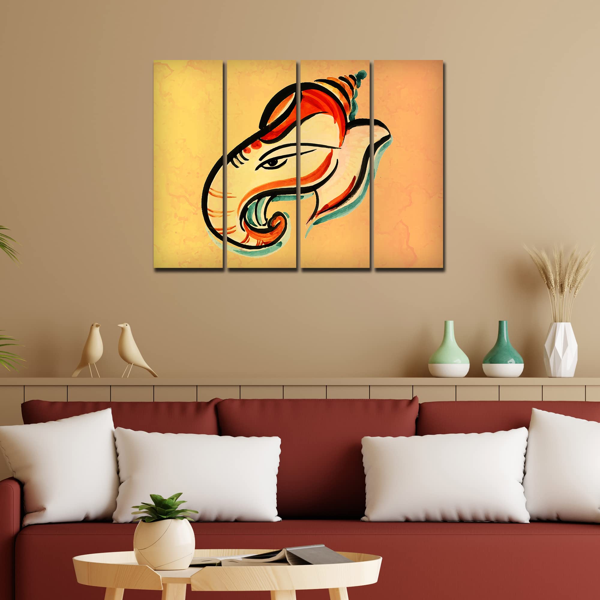 VIBECRAFTS 4 Pieces Ganesha Head Abstract Art Canvas Wall Painting Fitted With Wooden Frame For Home | Office | Living Room | Gift(PTVC4Pcs1_13522)