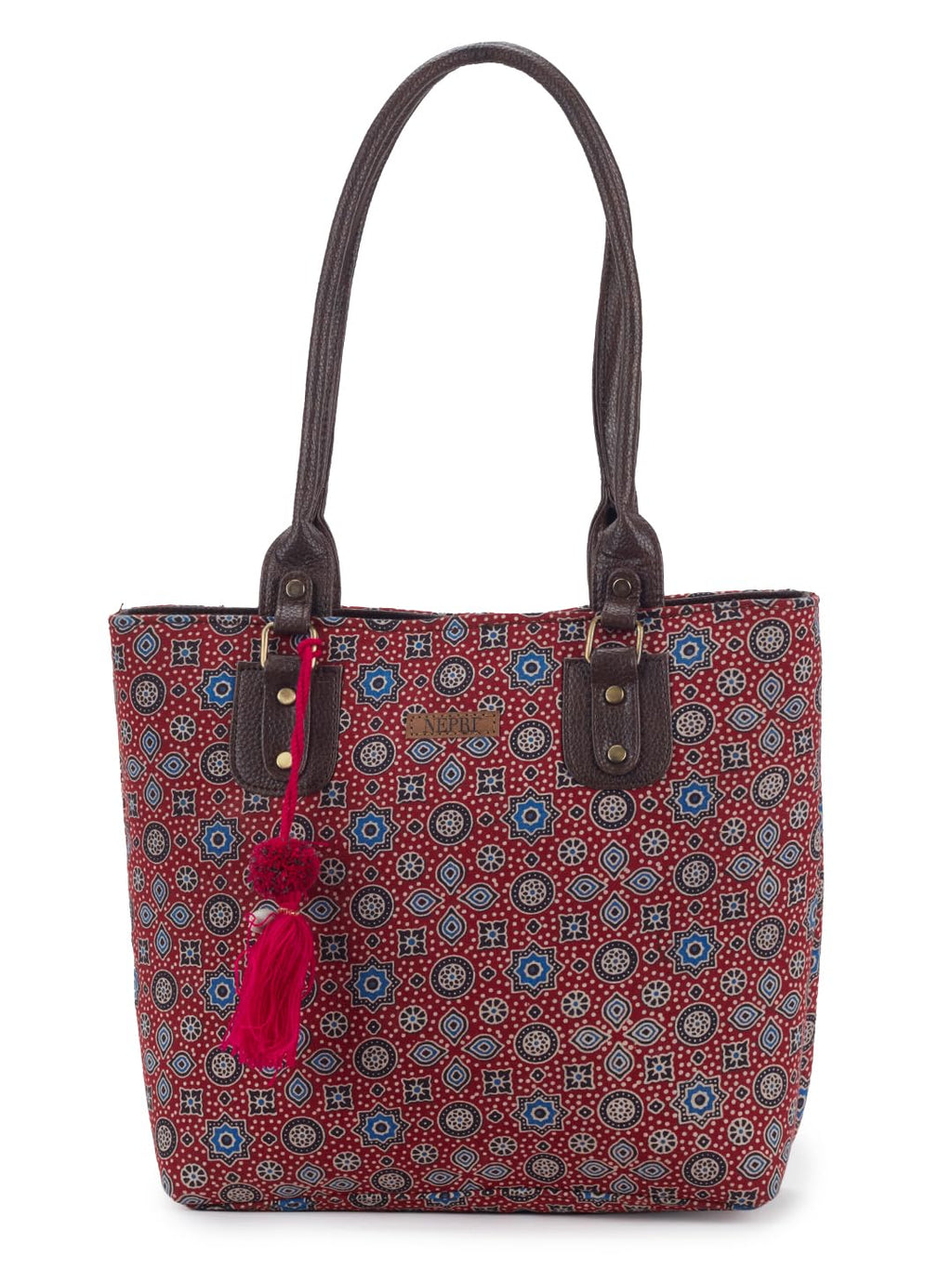 NEPRI Office Pouch Tote Bag | Stylish Set of 2 Tote Bags for Women| Vegan Leather & Handblock Printed Fabric Handbag with Double Handle Shoulder Strap| Daily & Travel Use | WPT-006-15
