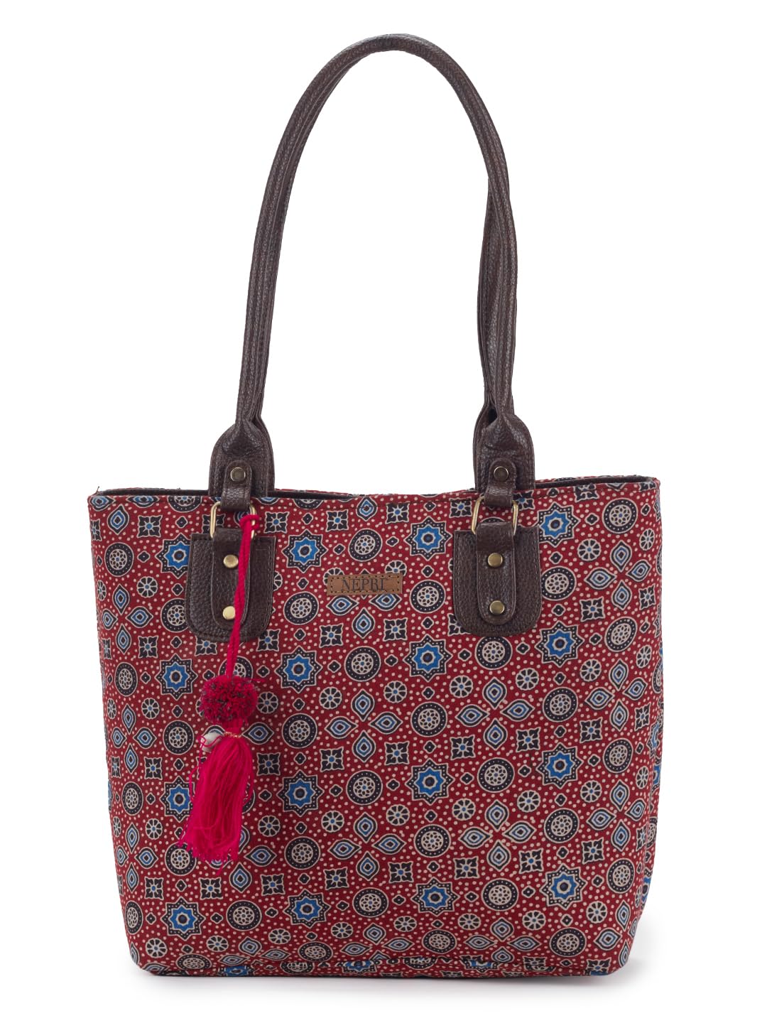 NEPRI Office Pouch Tote Bag | Stylish Set of 2 Tote Bags for Women| Vegan Leather & Handblock Printed Fabric Handbag with Double Handle Shoulder Strap| Daily & Travel Use | WPT-006-15