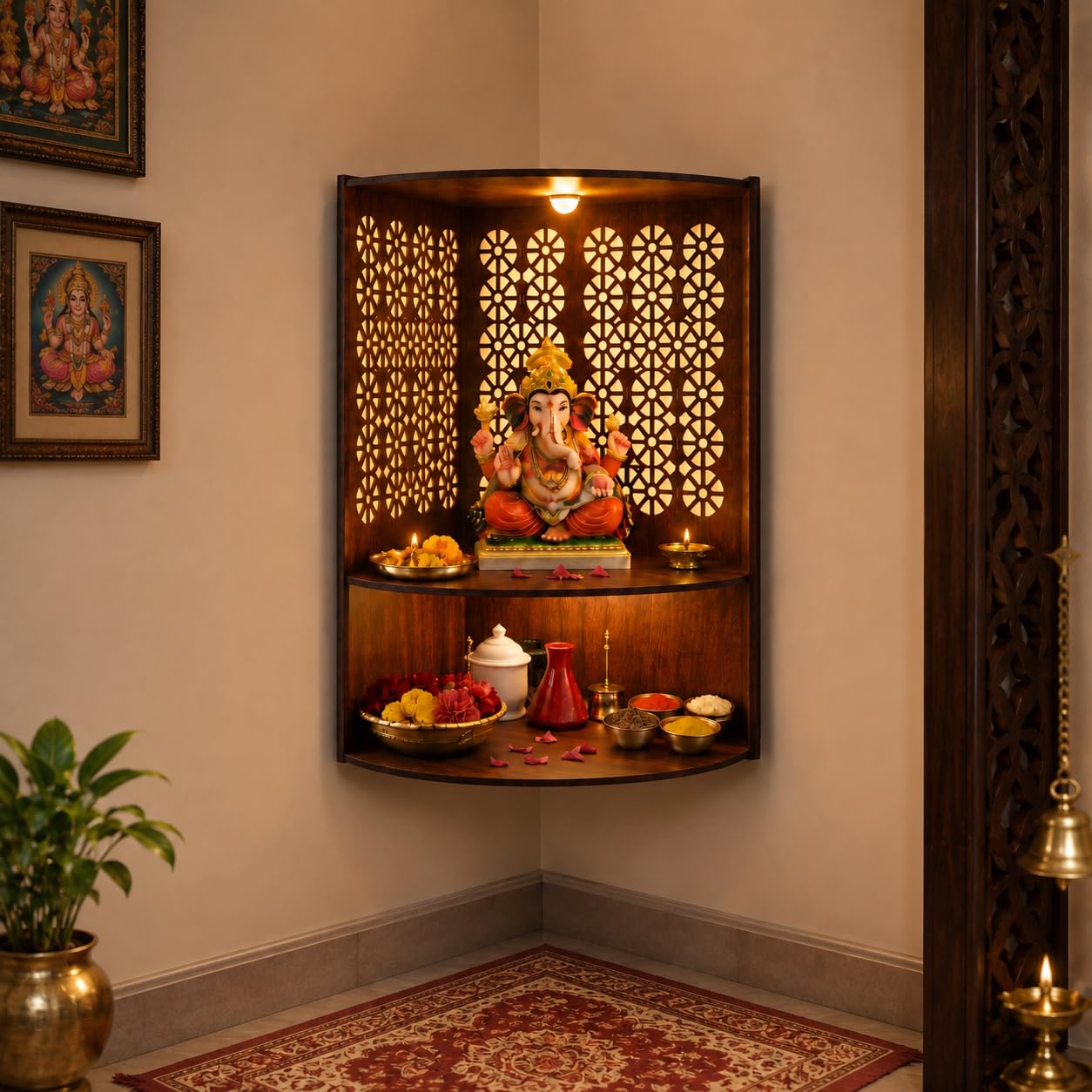 Fliptic Corner Pooja Mandir for Home & Office with LED Light | Wall Mounted Wooden Temple for Corner | Compact Devghar for Home, Living Room & Prayer Room | DIY Wall Mandir (17 x 11 x 11 Inch)