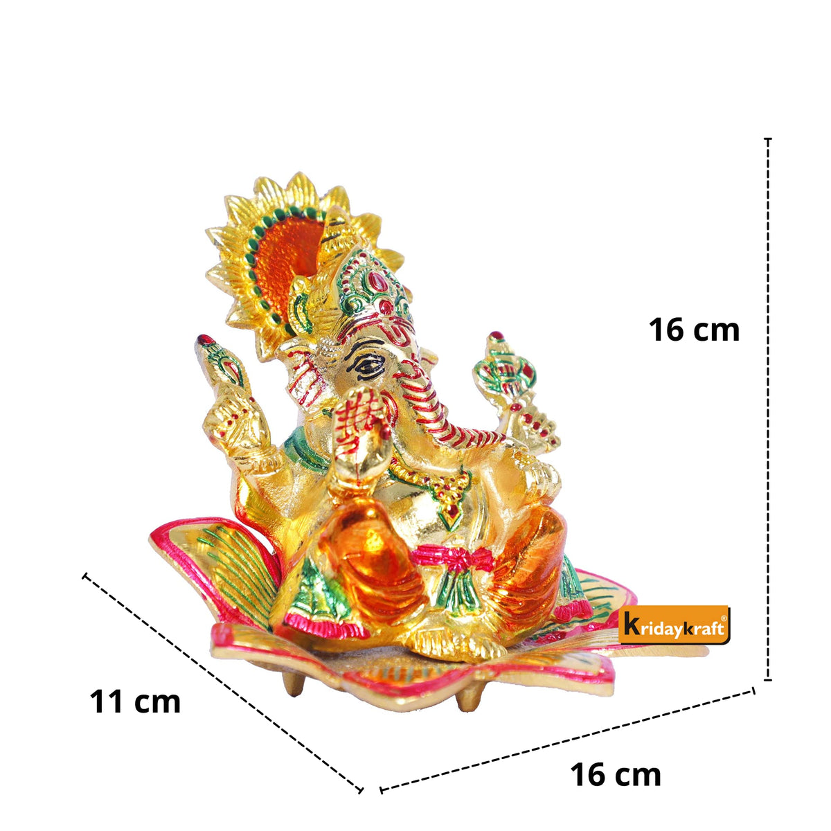 KridayKraft Metal Ganesha Sitting on Flower Multi Color menakari Leaf for Pooja,Home,Office Decorative for Table and Gifts