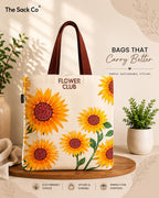 THE SACK CO. Embroidered Canvas Tote Bag for Women | Floral Design Cotton Shoulder Bag | Reusable Shopping & Office Handbag Multi-Purpose Bags | Sunflower Print