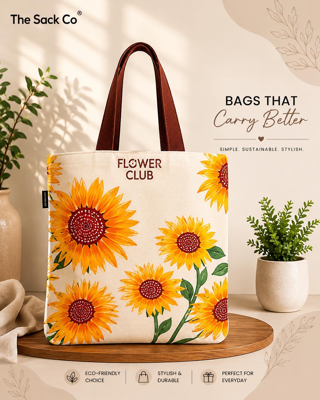 THE SACK CO. Embroidered Canvas Tote Bag for Women | Floral Design Cotton Shoulder Bag | Reusable Shopping & Office Handbag Multi-Purpose Bags | Sunflower Print