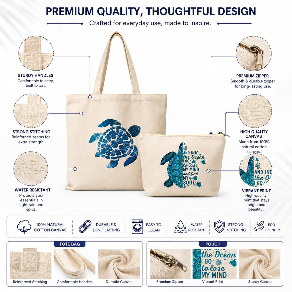 Esycarry Turtle Print Canvas Tote Bag with Matching Zipper Pouch Set for Women, Nature-Themed Cotton Shopping Tote with Organizer Pouch, Reusable Handbag for Work, Travel & Everyday Use