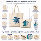 Esycarry Turtle Print Canvas Tote Bag with Matching Zipper Pouch Set for Women, Nature-Themed Cotton Shopping Tote with Organizer Pouch, Reusable Handbag for Work, Travel & Everyday Use