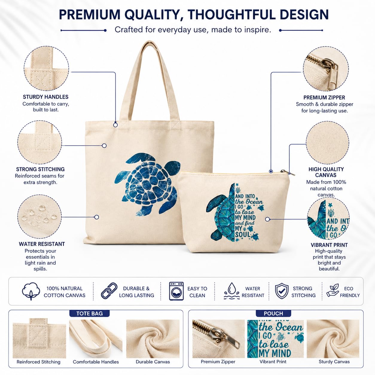 Esycarry Turtle Print Canvas Tote Bag with Matching Zipper Pouch Set for Women, Nature-Themed Cotton Shopping Tote with Organizer Pouch, Reusable Handbag for Work, Travel & Everyday Use