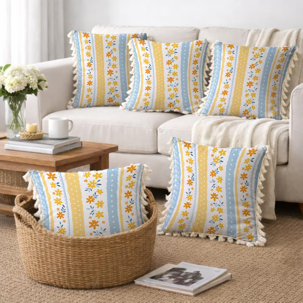 STITCHNEST 'Little Meadow Series' Tassled Cushion Cover | Set of 5 | Floral Cushion Cover 16 inch x 16 inch